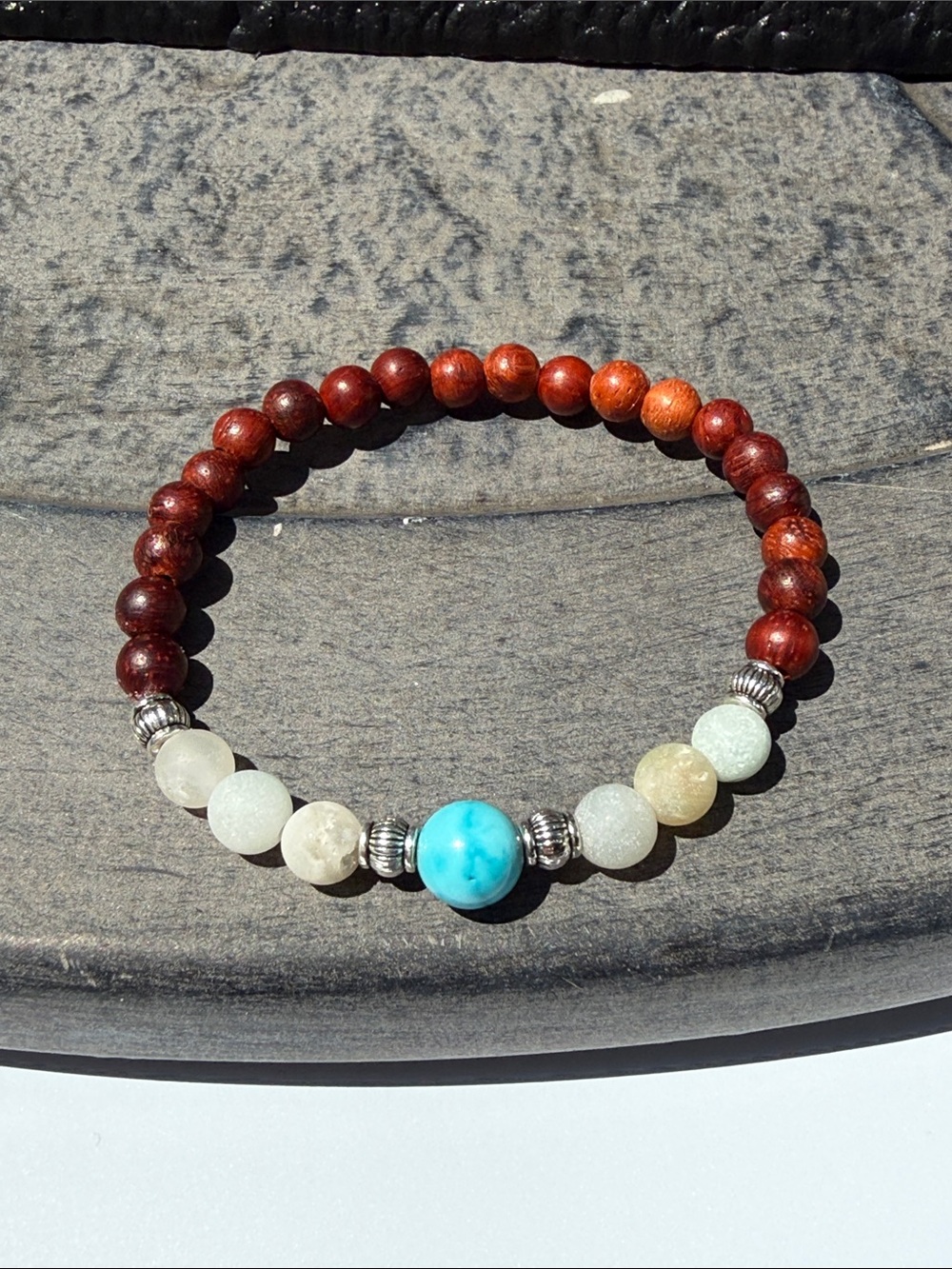 Beaded Stretch Bracelet with Turquoise Accent in Wood Natural Stone Cream Beads